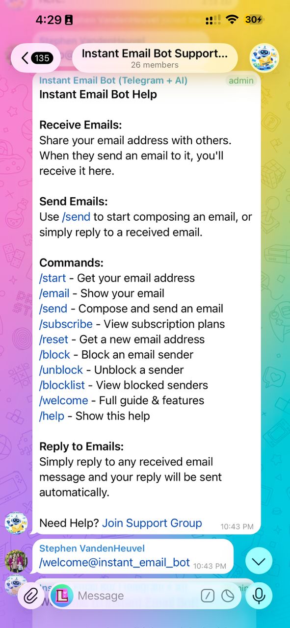 Full Command Menu — real TelegramEmailBot screenshot