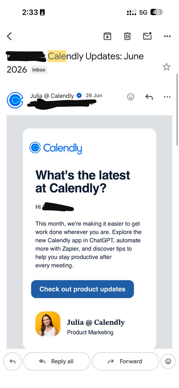Calendly Product Updates — real TelegramEmailBot screenshot