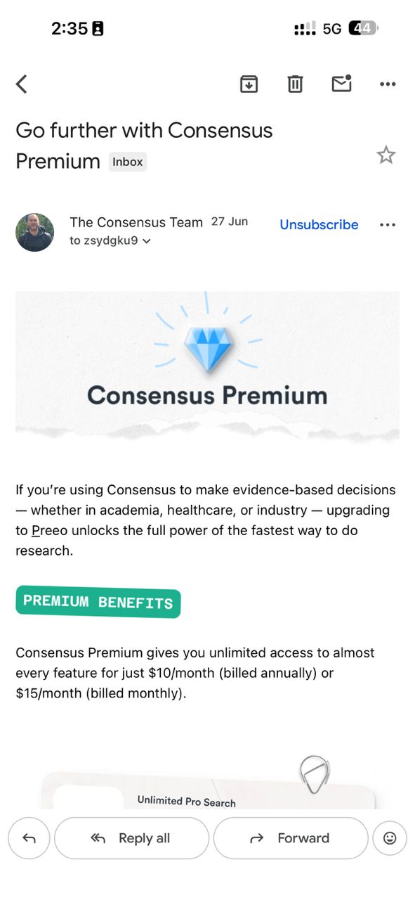 Consensus Premium Offer — real TelegramEmailBot screenshot