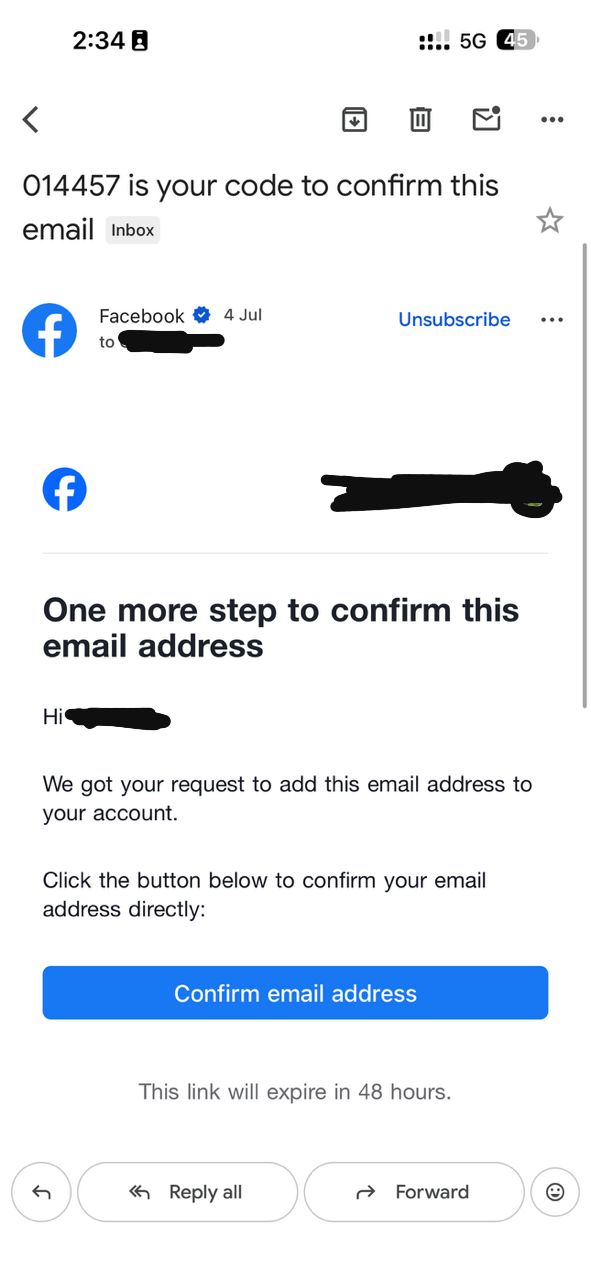 Facebook Confirm Email — real TelegramEmailBot screenshot