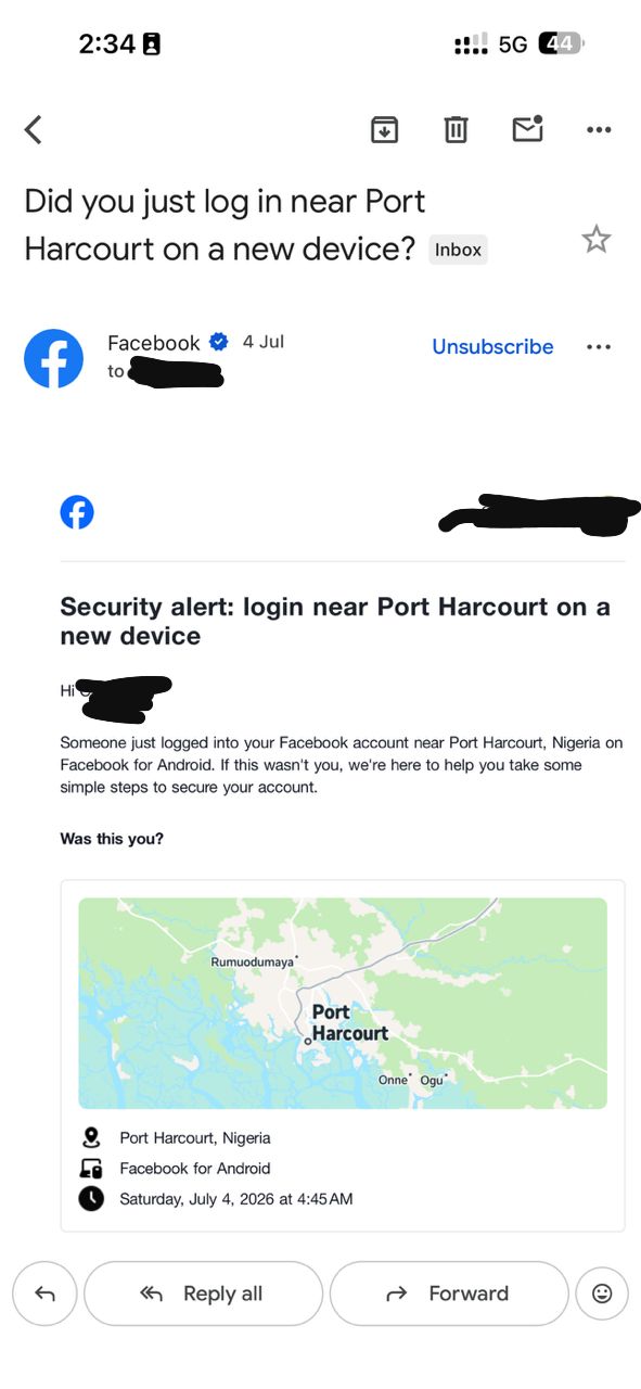 Facebook Login Alert — real TelegramEmailBot screenshot