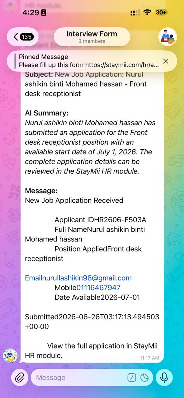 Job Application + AI Summary — real TelegramEmailBot screenshot