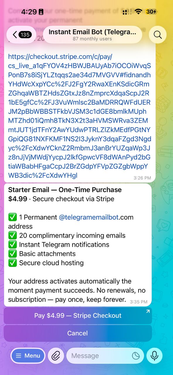 One-Tap Stripe Checkout — real TelegramEmailBot screenshot