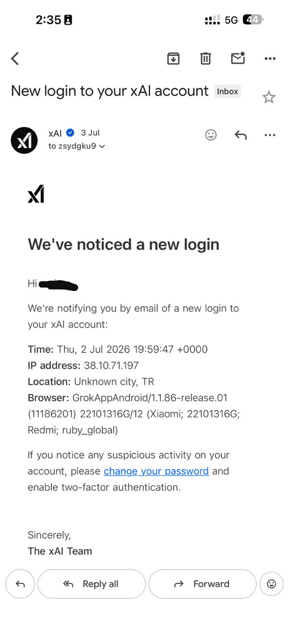xAI New Login Notification — real TelegramEmailBot screenshot